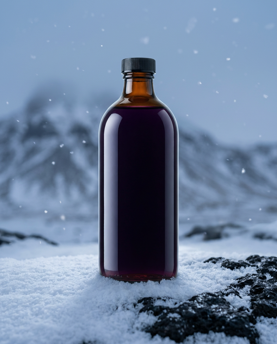 Glóða Flow Blueberry kombucha bottle standing in Icelandic snow