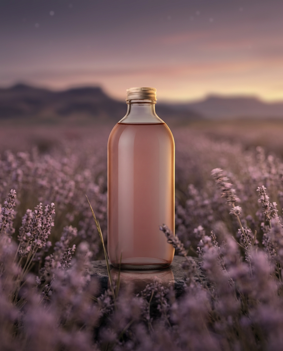 Glóða Flow Strawberry Lavender kombucha bottle in a lavender field at dusk